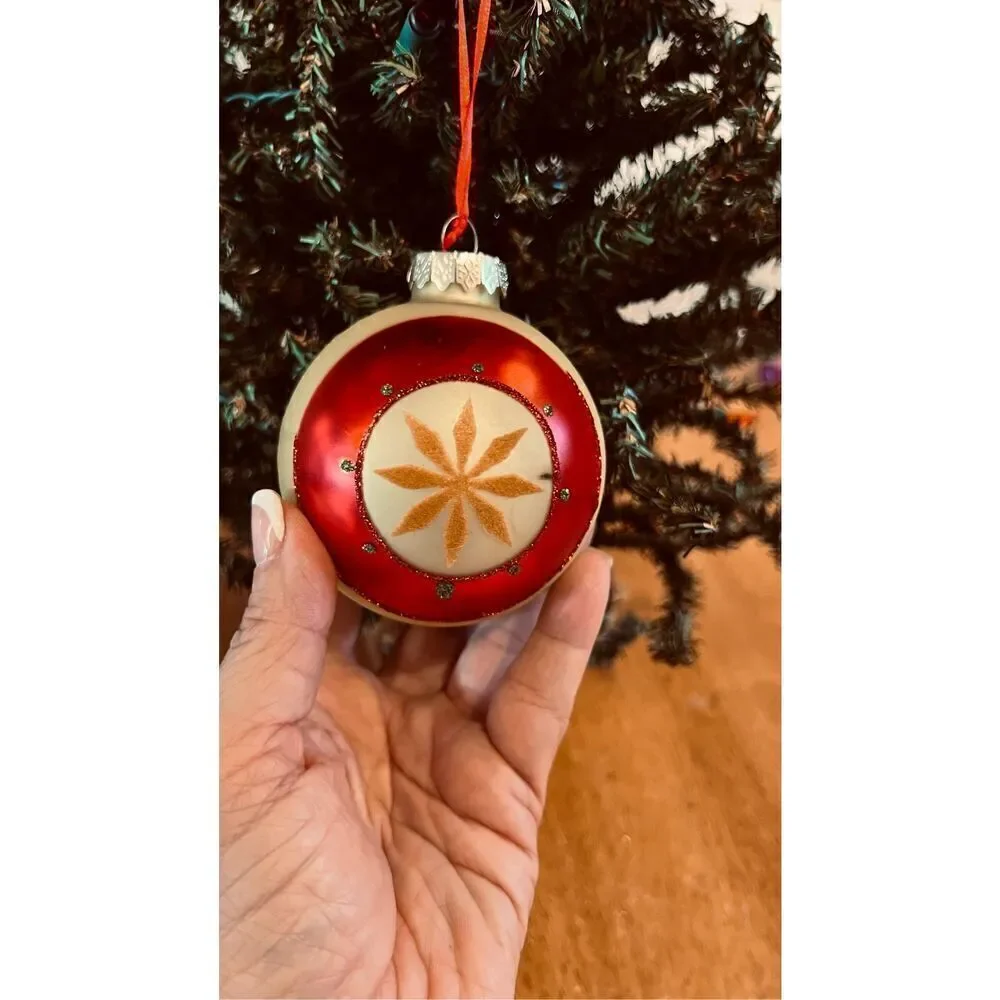 Vintage Christmas Ornament Flower Motifs On Red